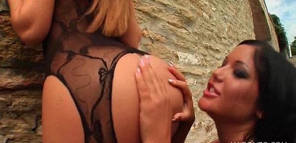  Blonde lesbo pussy licked from behind against the wall